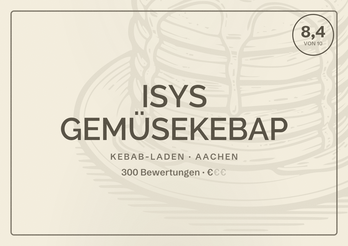 Illustriertes Poster von ISYS GEMÜSEKEBAP, Kebab-Laden in Aachen: Bewertung 8,4 von 10 aus 300 Bewertungen, Preisniveau €