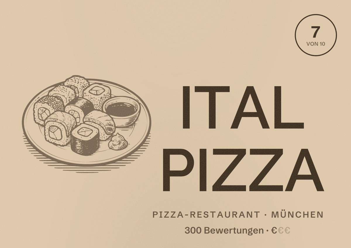 Illustriertes Poster von ITAL PIZZA, Pizza-Restaurant in München: Bewertung 7,0 von 10 aus 300 Bewertungen, Preisniveau €