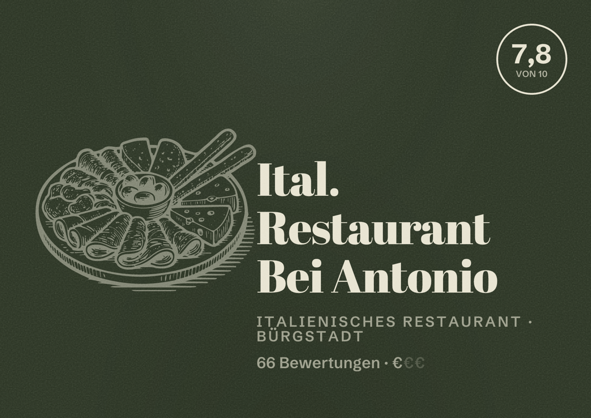 Illustriertes Poster von Ital. Restaurant Bei Antonio, Italienisches Restaurant in Bürgstadt: Bewertung 7,8 von 10 aus 66 Bewertungen, Preisniveau €