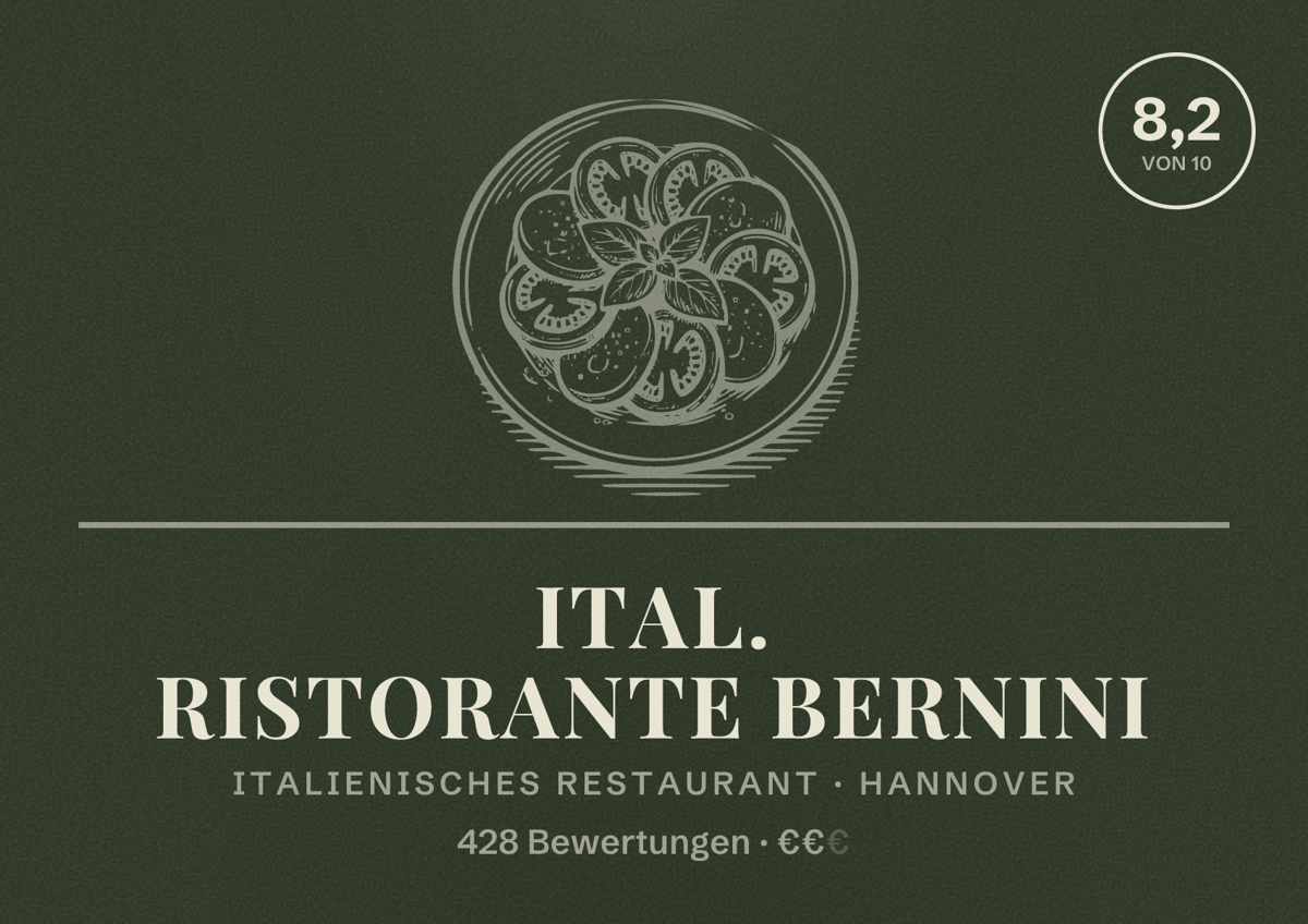 Illustriertes Poster von Ital. Ristorante Bernini, Italienisches Restaurant in Hannover: Bewertung 8,2 von 10 aus 428 Bewertungen, Preisniveau €€