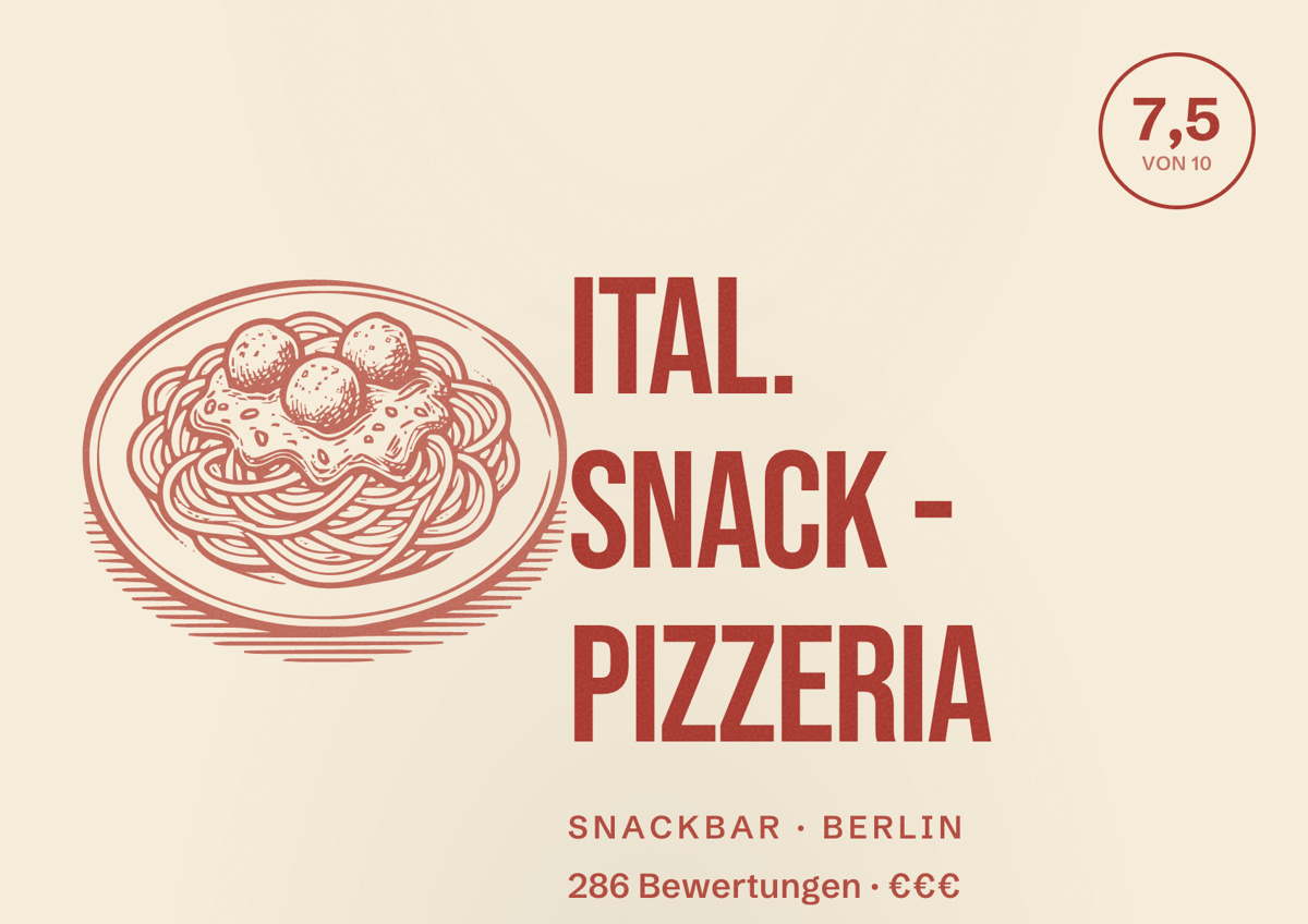 Illustriertes Poster von Ital. Snack - Pizzeria, Snackbar in Berlin: Bewertung 7,5 von 10 aus 286 Bewertungen, Preisniveau €€€