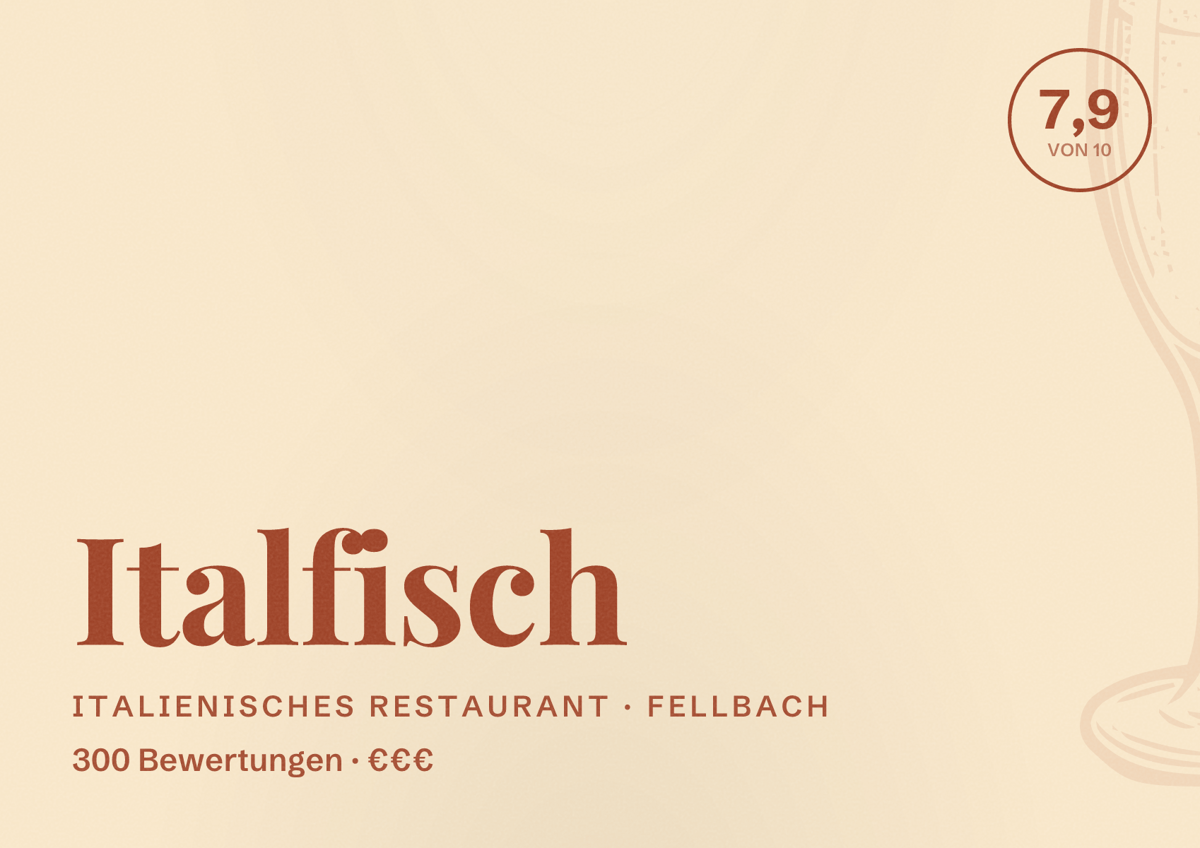 Illustriertes Poster von Italfisch, Italienisches Restaurant in Fellbach: Bewertung 7,9 von 10 aus 300 Bewertungen, Preisniveau €€€