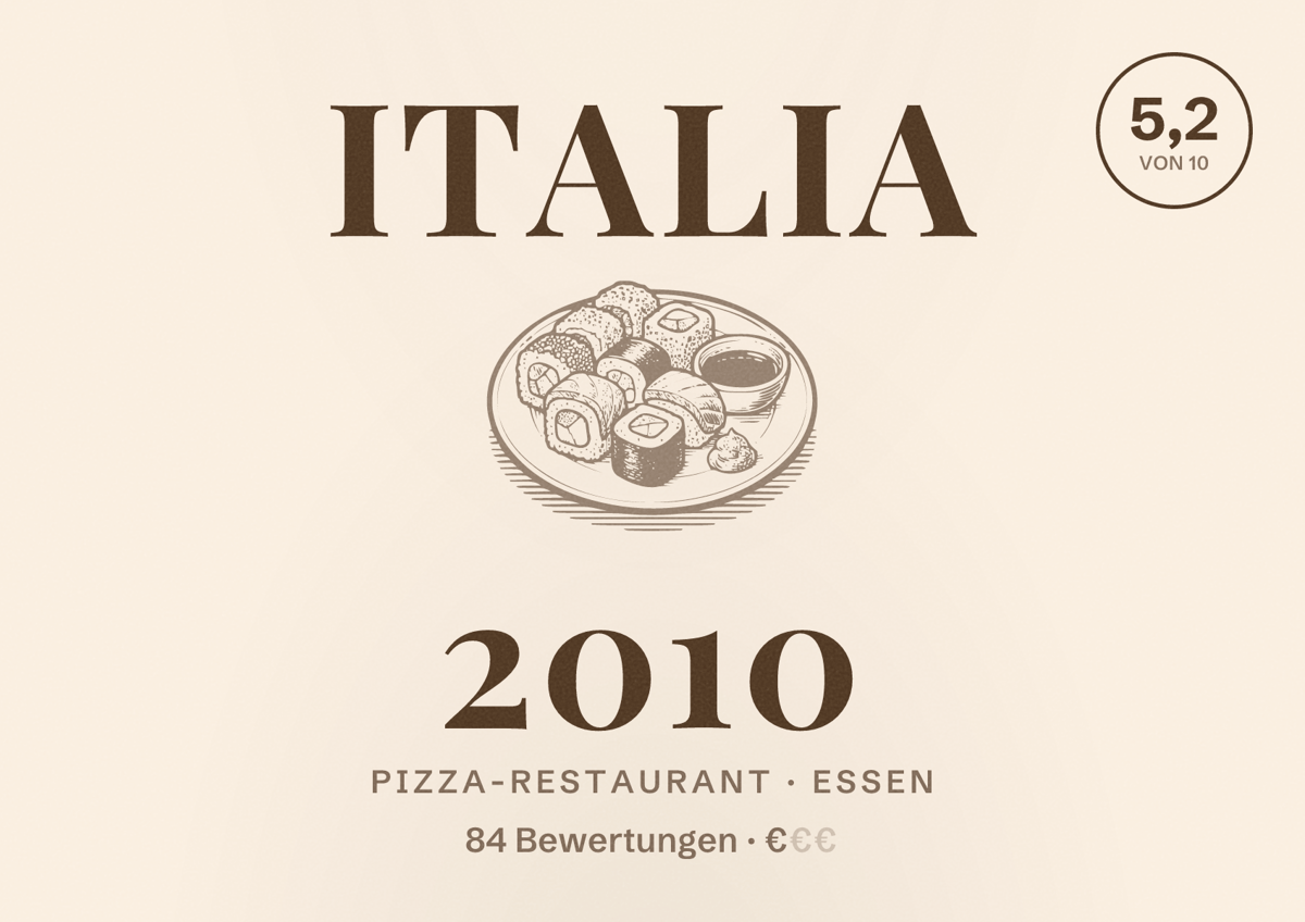 Illustriertes Poster von Italia 2010, Pizza-Restaurant in Essen: Bewertung 5,2 von 10 aus 84 Bewertungen, Preisniveau €
