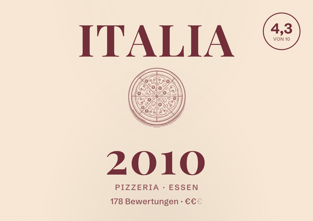 Illustriertes Poster von Italia 2010, Pizzeria in Essen: Bewertung 4,3 von 10 aus 178 Bewertungen, Preisniveau €€