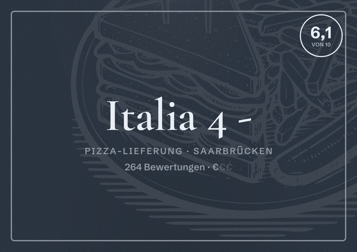 Illustriertes Poster von Italia 4 -, Pizza-Lieferung in Saarbrücken: Bewertung 6,1 von 10 aus 264 Bewertungen, Preisniveau €