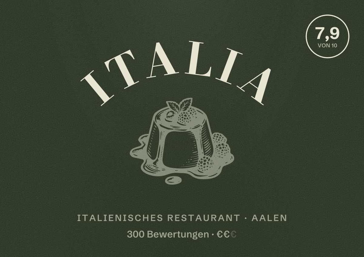 Illustriertes Poster von Italia, Italienisches Restaurant in Aalen: Bewertung 7,9 von 10 aus 300 Bewertungen, Preisniveau €€