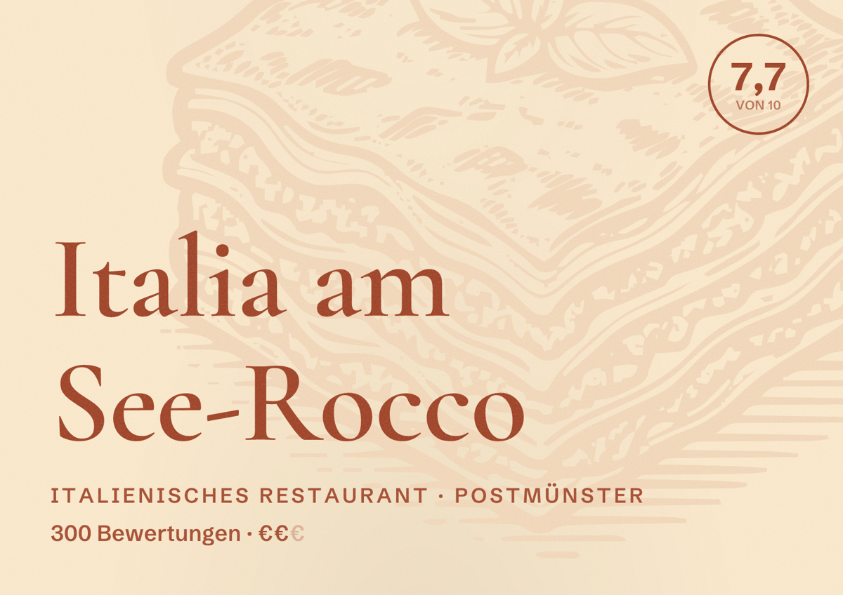 Illustriertes Poster von Italia am See-Rocco, Italienisches Restaurant in Postmünster: Bewertung 7,7 von 10 aus 300 Bewertungen, Preisniveau €€