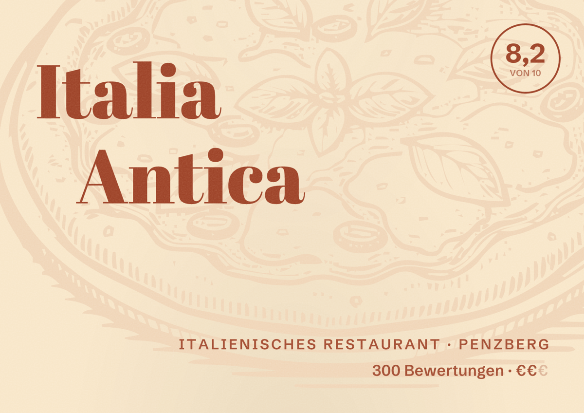 Illustriertes Poster von Italia Antica, Italienisches Restaurant in Penzberg: Bewertung 8,2 von 10 aus 300 Bewertungen, Preisniveau €€