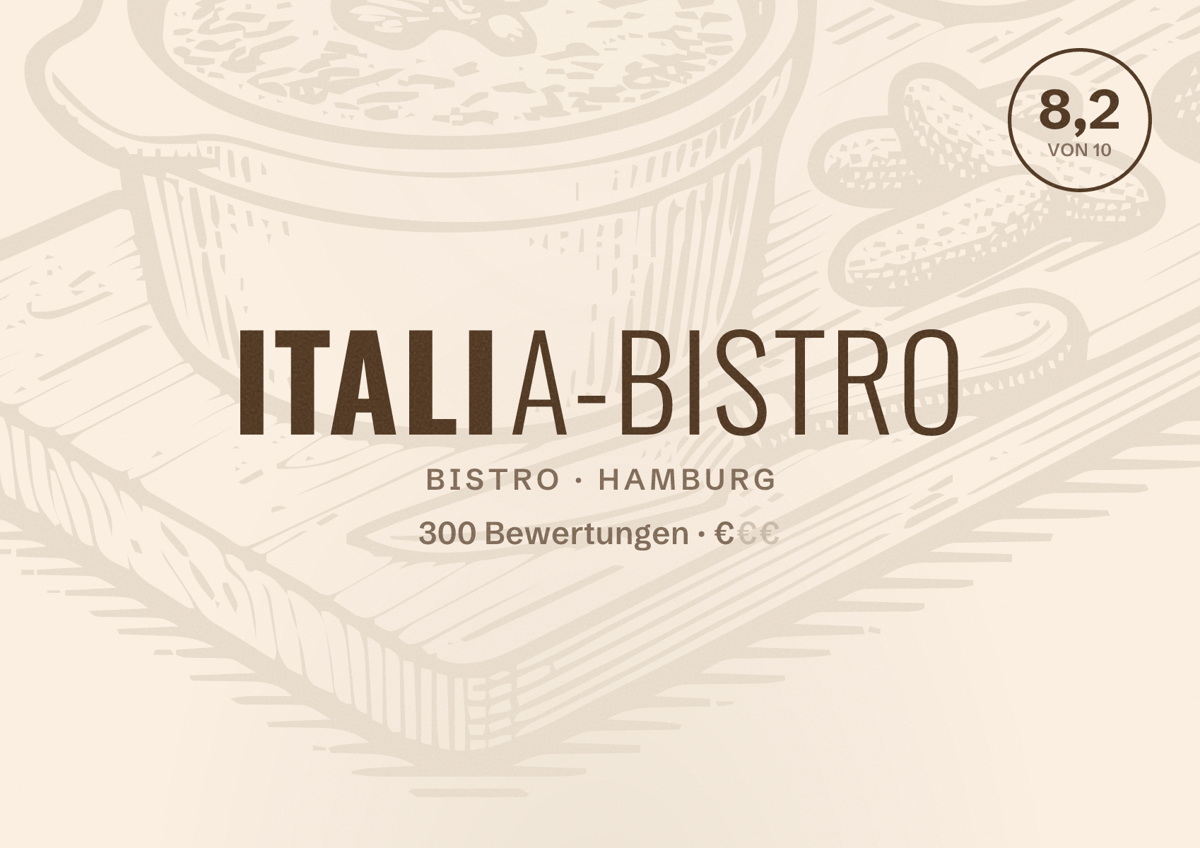 Illustriertes Poster von Italia-Bistro, Bistro in Hamburg: Bewertung 8,2 von 10 aus 300 Bewertungen, Preisniveau €