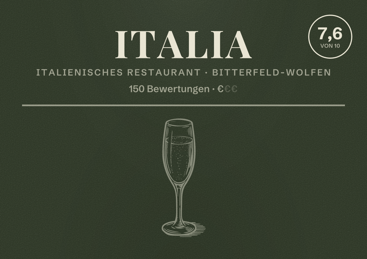 Illustriertes Poster von Italia, Italienisches Restaurant in Bitterfeld-Wolfen: Bewertung 7,6 von 10 aus 150 Bewertungen, Preisniveau €