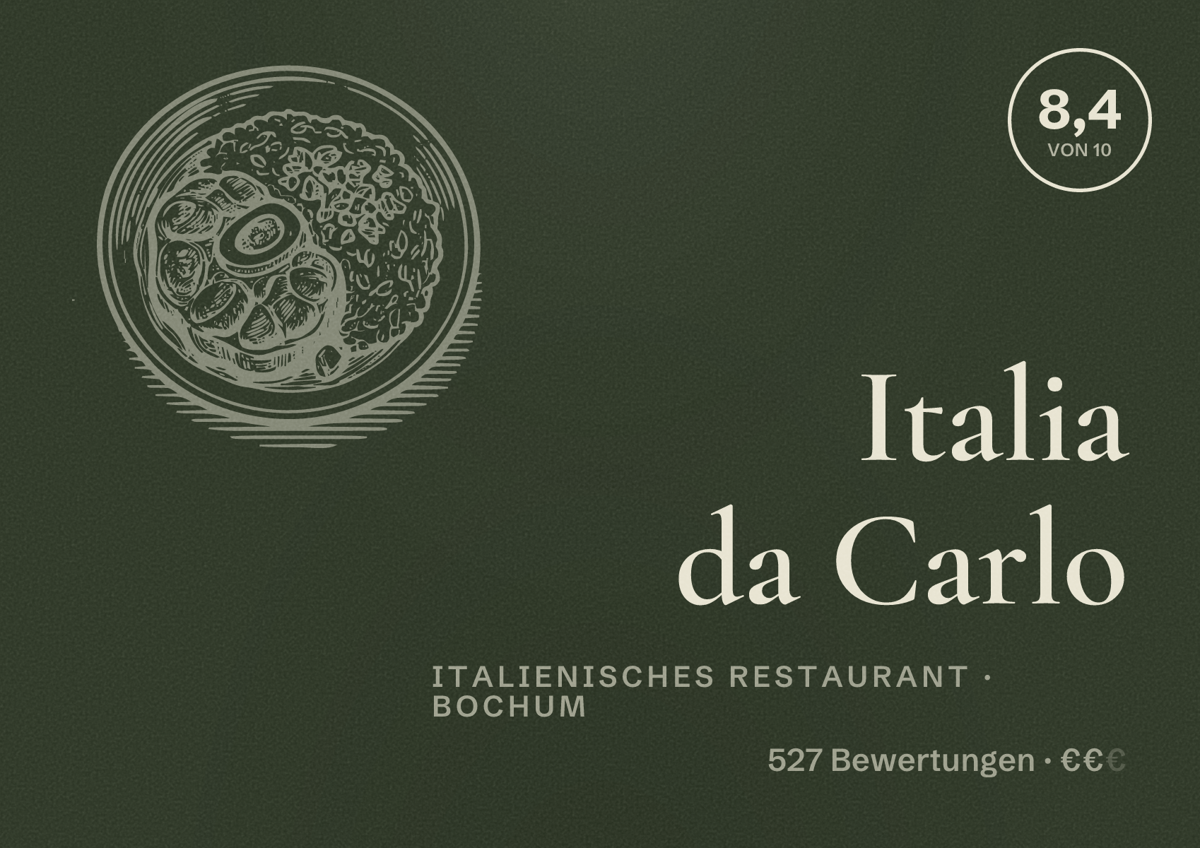 Illustriertes Poster von Italia da Carlo, Italienisches Restaurant in Bochum: Bewertung 8,4 von 10 aus 527 Bewertungen, Preisniveau €€