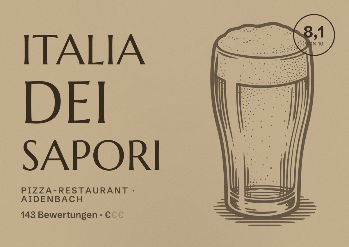 Illustriertes Poster von Italia dei Sapori, Pizza-Restaurant in Aidenbach: Bewertung 8,1 von 10 aus 143 Bewertungen, Preisniveau €
