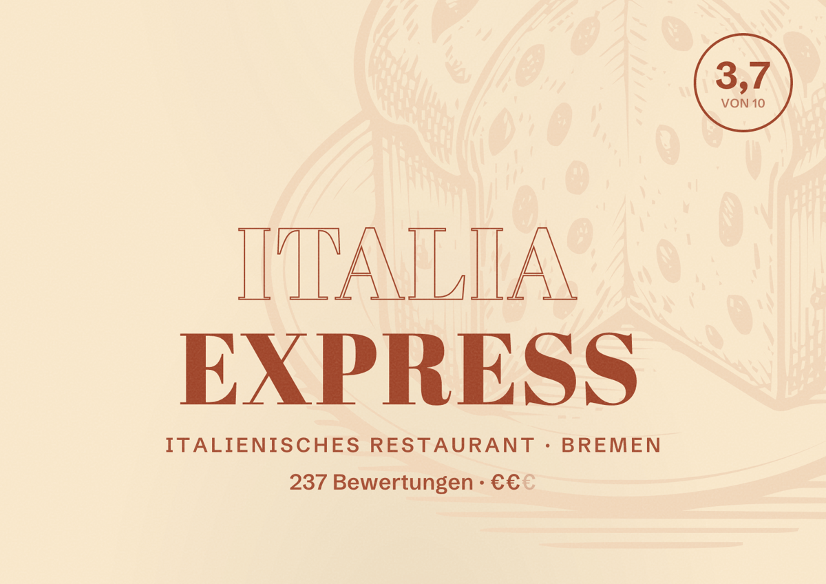 Illustriertes Poster von Italia Express, Italienisches Restaurant in Bremen: Bewertung 3,7 von 10 aus 237 Bewertungen, Preisniveau €€