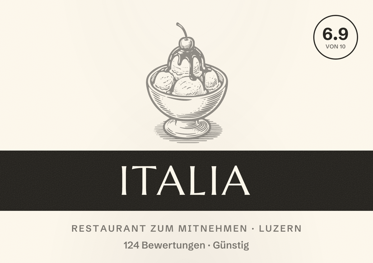 Illustriertes Poster von Italia, Restaurant zum Mitnehmen in Luzern: Bewertung 6.9 von 10 aus 124 Bewertungen, Preisniveau Günstig