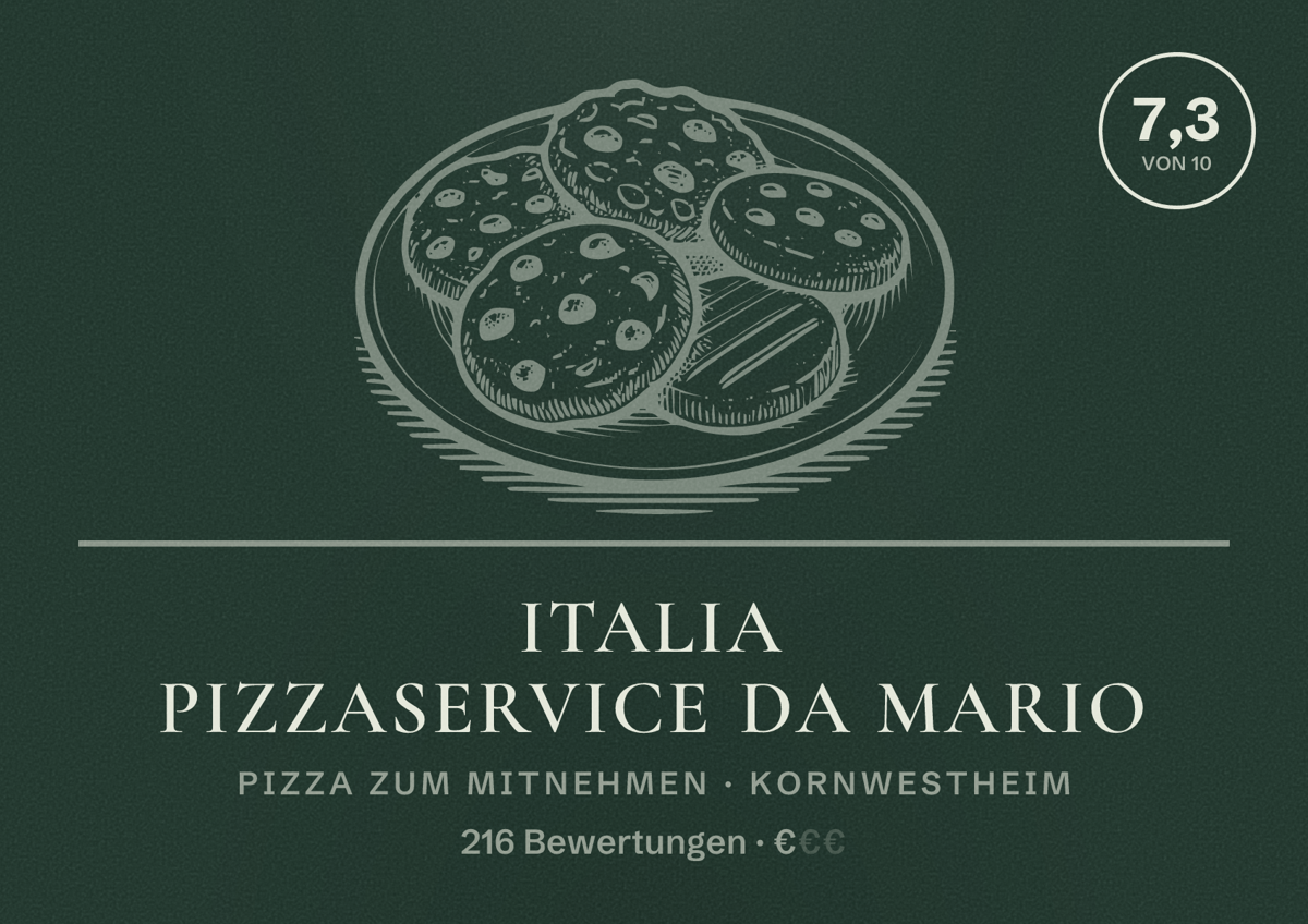 Illustriertes Poster von Italia Pizzaservice Da Mario, Pizza zum Mitnehmen in Kornwestheim: Bewertung 7,3 von 10 aus 216 Bewertungen, Preisniveau €