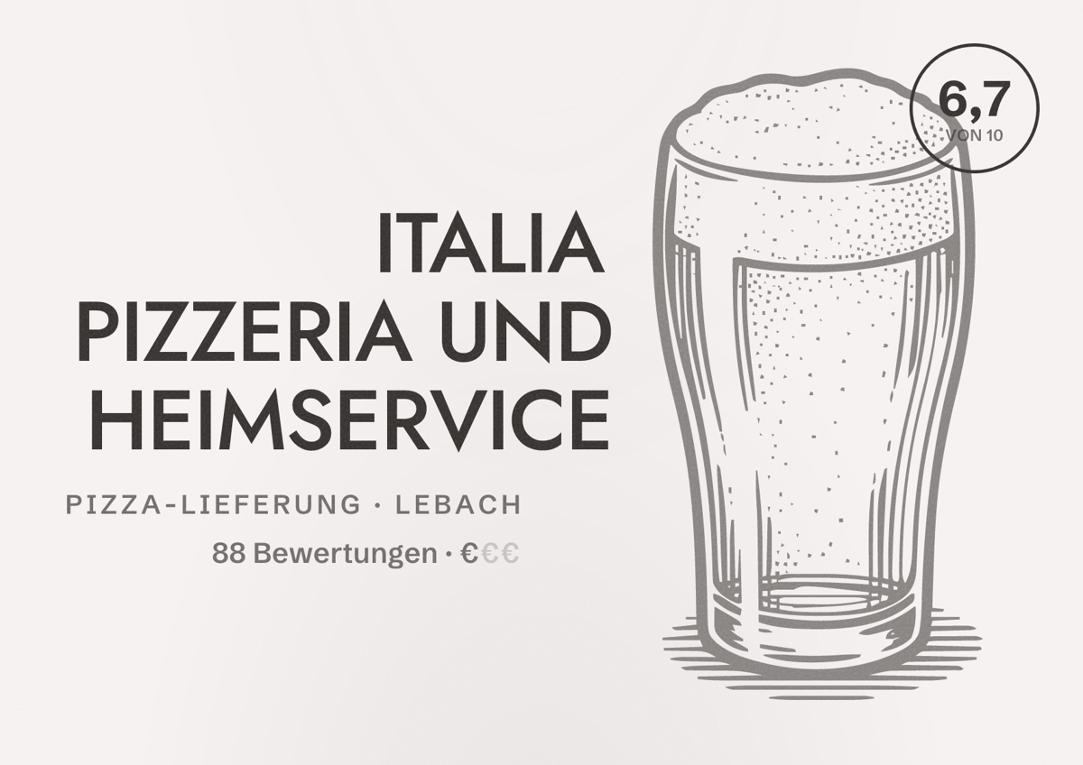 Illustriertes Poster von ITALIA PIZZERIA UND HEIMSERVICE, Pizza-Lieferung in Lebach: Bewertung 6,7 von 10 aus 88 Bewertungen, Preisniveau €