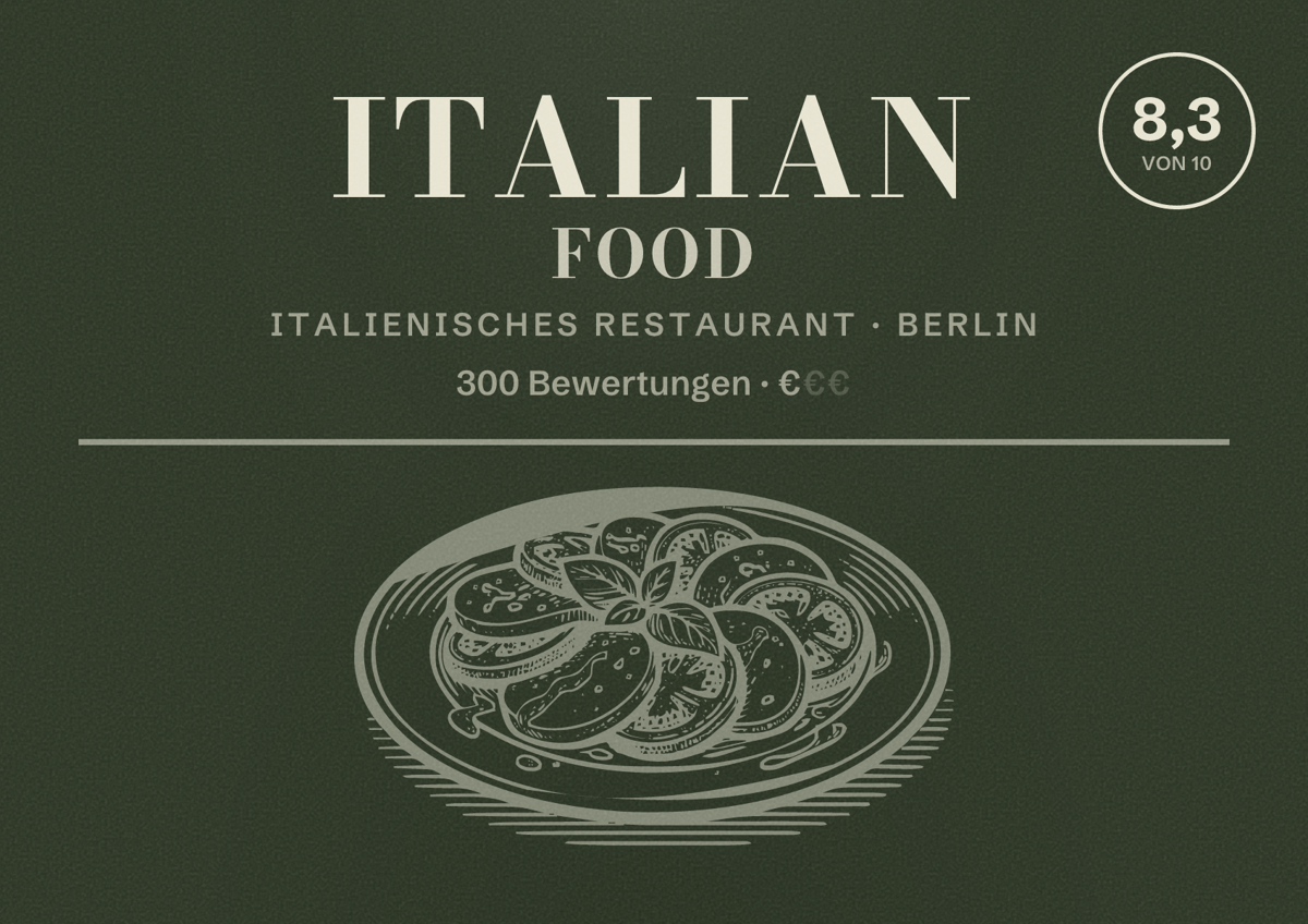 Illustriertes Poster von Italian Food, Italienisches Restaurant in Berlin: Bewertung 8,3 von 10 aus 300 Bewertungen, Preisniveau €