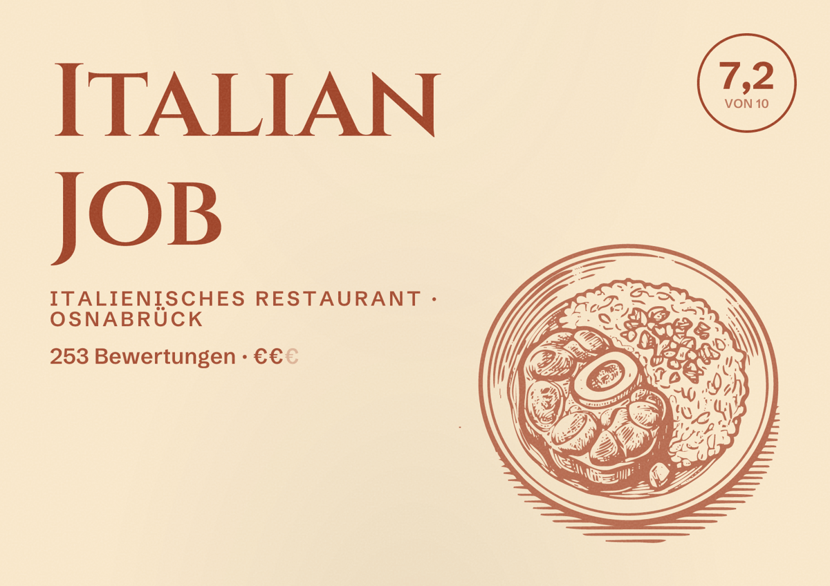 Illustriertes Poster von Italian Job, Italienisches Restaurant in Osnabrück: Bewertung 7,2 von 10 aus 253 Bewertungen, Preisniveau €€