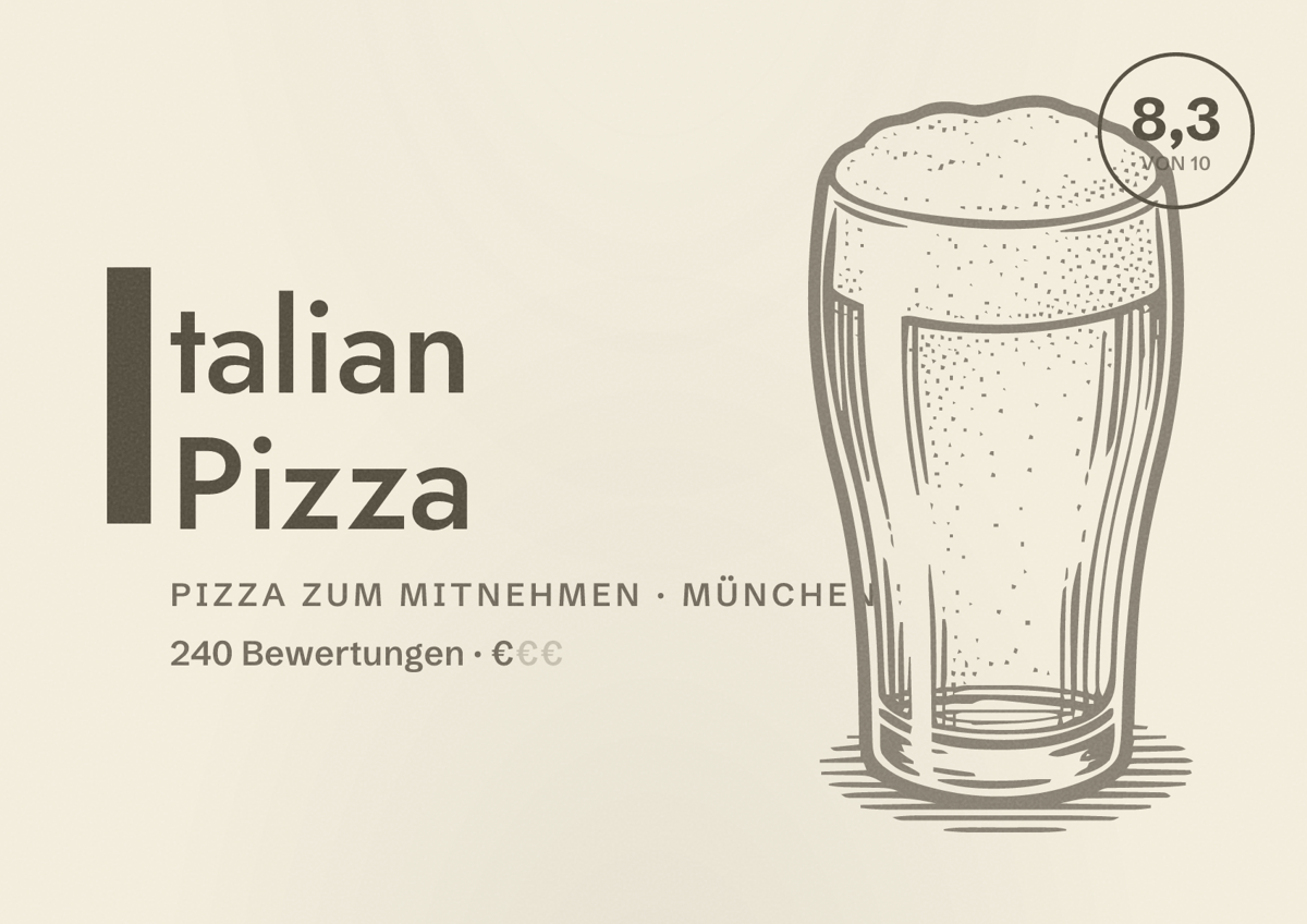 Illustriertes Poster von Italian Pizza, Pizza zum Mitnehmen in München: Bewertung 8,3 von 10 aus 240 Bewertungen, Preisniveau €