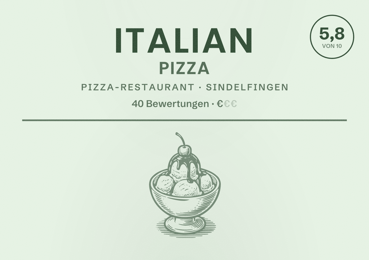 Illustriertes Poster von Italian Pizza, Pizza-Restaurant in Sindelfingen: Bewertung 5,8 von 10 aus 40 Bewertungen, Preisniveau €