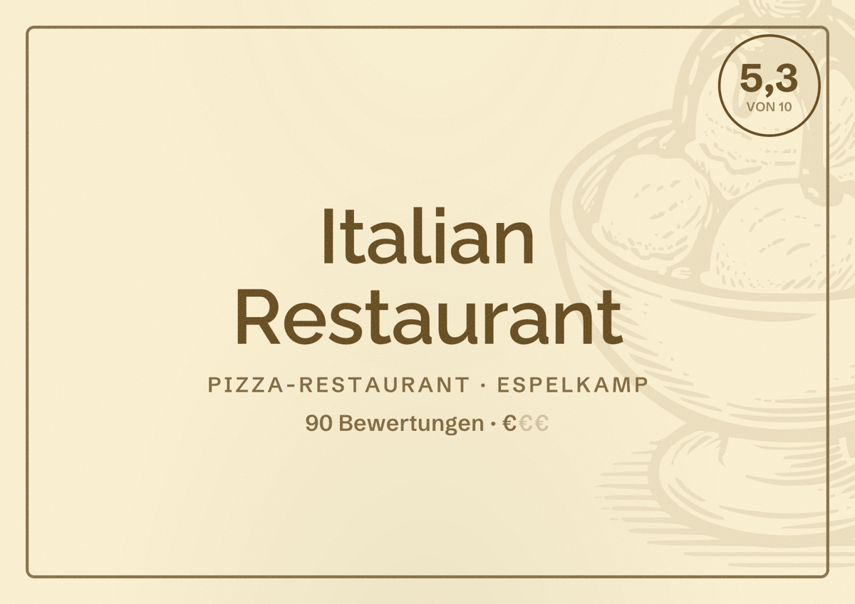 Illustriertes Poster von Italian Restaurant, Pizza-Restaurant in Espelkamp: Bewertung 5,3 von 10 aus 90 Bewertungen, Preisniveau €