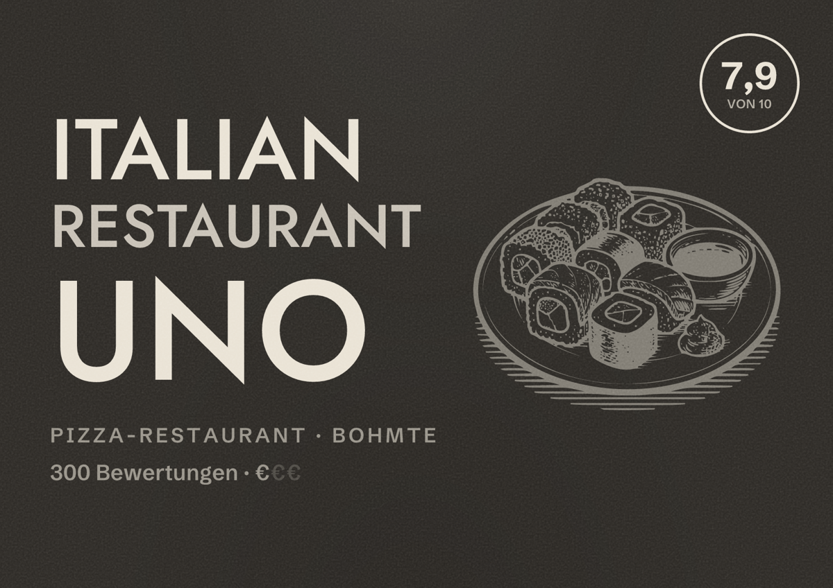 Illustriertes Poster von Italian Restaurant UNO, Pizza-Restaurant in Bohmte: Bewertung 7,9 von 10 aus 300 Bewertungen, Preisniveau €