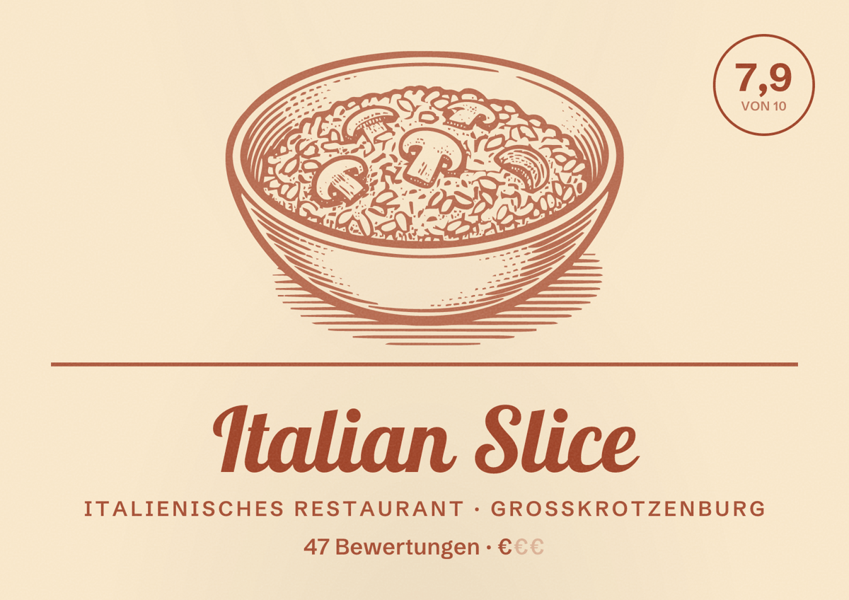 Illustriertes Poster von Italian Slice, Italienisches Restaurant in Großkrotzenburg: Bewertung 7,9 von 10 aus 47 Bewertungen, Preisniveau €