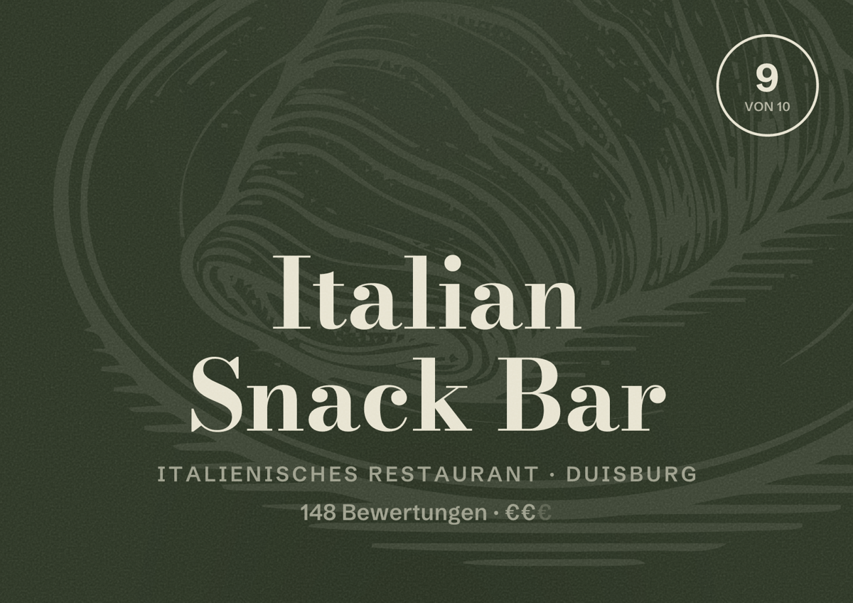 Illustriertes Poster von Italian Snack Bar, Italienisches Restaurant in Duisburg: Bewertung 9 von 10 aus 148 Bewertungen, Preisniveau €€