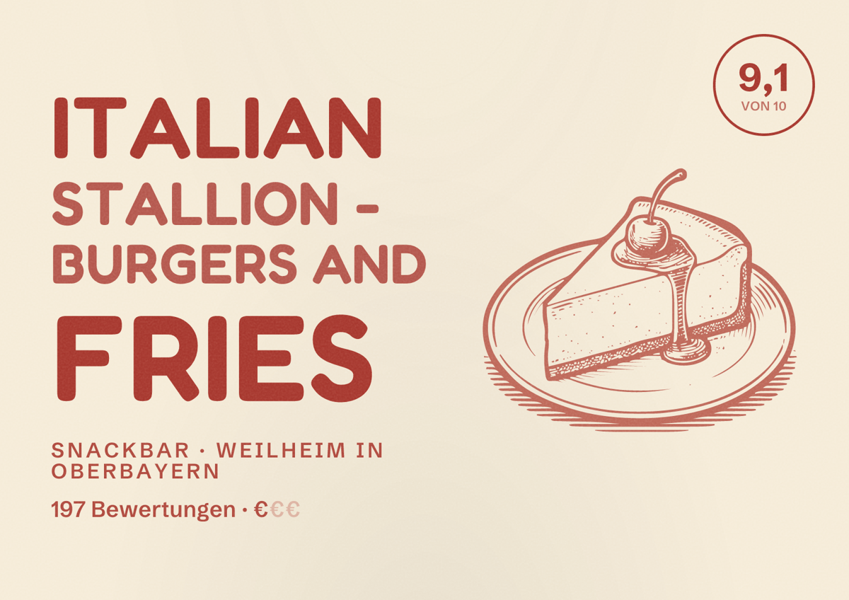 Illustriertes Poster von Italian Stallion - Burgers and Fries, Snackbar in Weilheim in Oberbayern: Bewertung 9,1 von 10 aus 197 Bewertungen, Preisniveau €