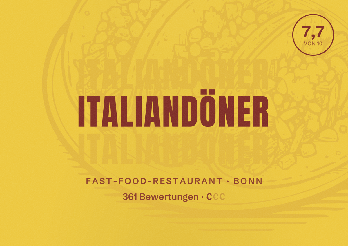 Illustriertes Poster von Italiandöner, Fast-Food-Restaurant in Bonn: Bewertung 7,7 von 10 aus 361 Bewertungen, Preisniveau €