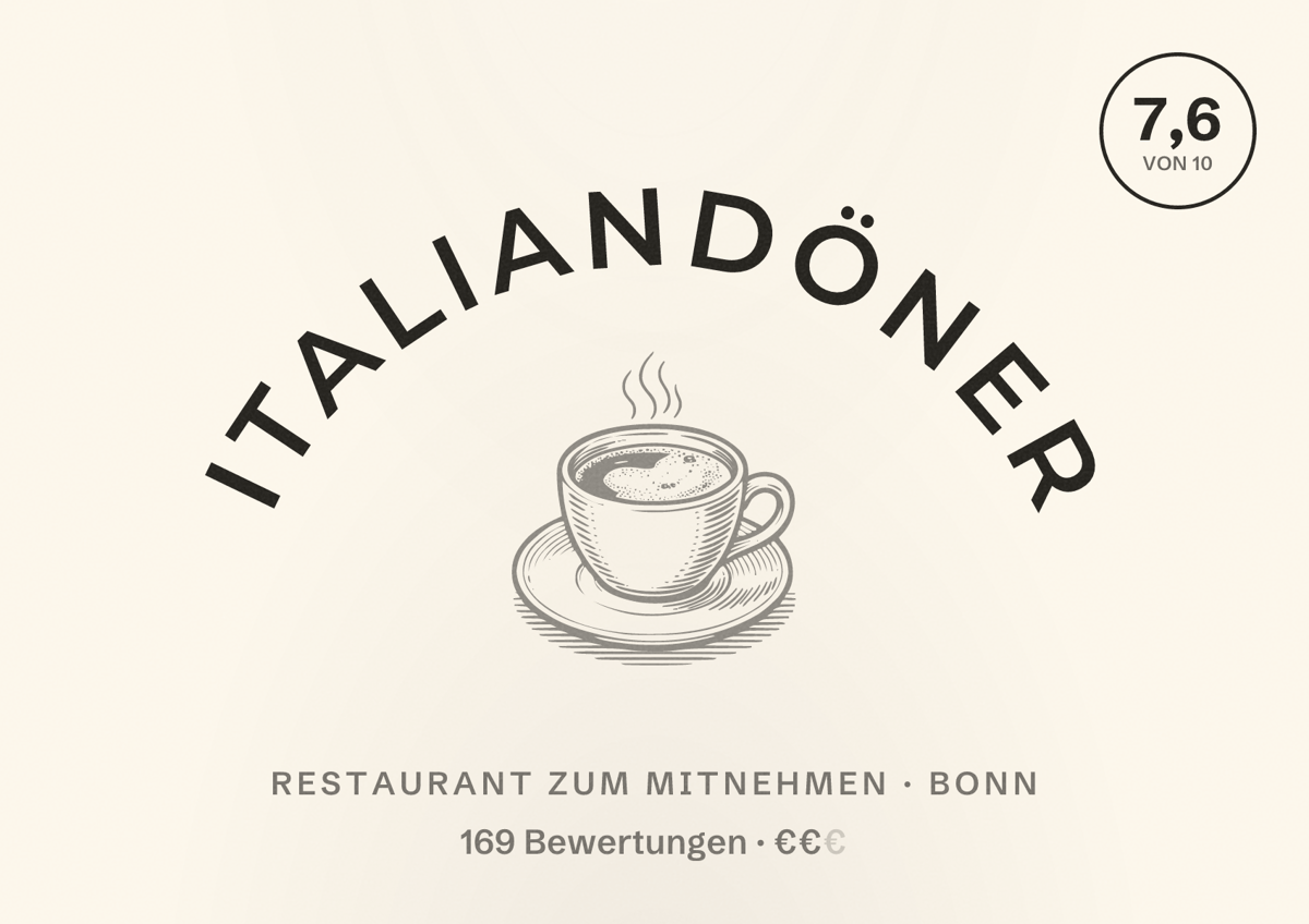 Illustriertes Poster von Italiandöner, Restaurant zum Mitnehmen in Bonn: Bewertung 7,6 von 10 aus 169 Bewertungen, Preisniveau €€