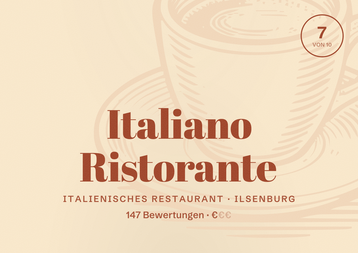 Illustriertes Poster von Italiano Ristorante, Italienisches Restaurant in Ilsenburg: Bewertung 7 von 10 aus 147 Bewertungen, Preisniveau €