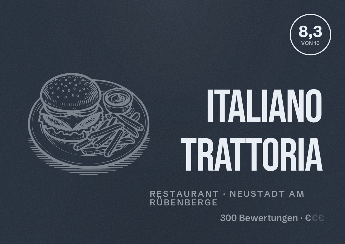 Illustriertes Poster von Italiano Trattoria, Restaurant in Neustadt am Rübenberge: Bewertung 8,3 von 10 aus 300 Bewertungen, Preisniveau €