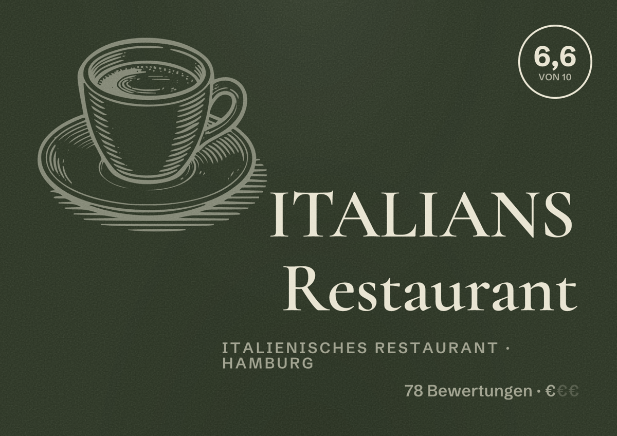 Illustriertes Poster von ITALIANS Restaurant, Italienisches Restaurant in Hamburg: Bewertung 6,6 von 10 aus 78 Bewertungen, Preisniveau €