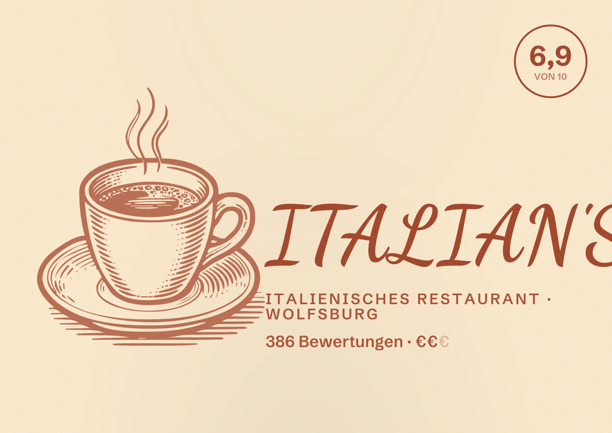 Illustriertes Poster von ITALIAN'S, Italienisches Restaurant in Wolfsburg: Bewertung 6,9 von 10 aus 386 Bewertungen, Preisniveau €€