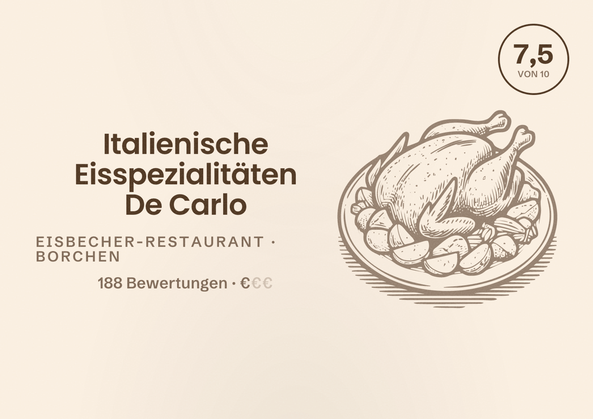 Illustriertes Poster von Italienische Eisspezialitäten De Carlo, Eisbecher-Restaurant in Borchen: Bewertung 7,5 von 10 aus 188 Bewertungen, Preisniveau €
