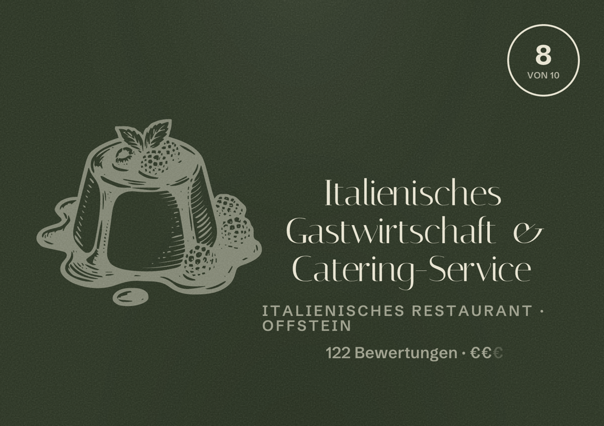 Illustriertes Poster von Italienisches Gastwirtschaft & Catering-Service, Italienisches Restaurant in Offstein: Bewertung 8 von 10 aus 122 Bewertungen, Preisniveau €€