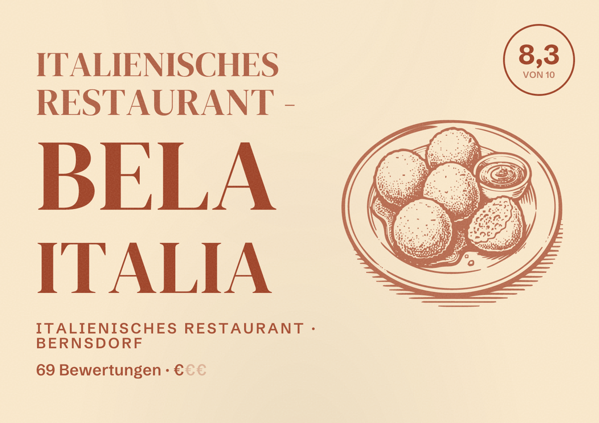 Illustriertes Poster von Italienisches Restaurant - Bela Italia, Italienisches Restaurant in Bernsdorf: Bewertung 8,3 von 10 aus 69 Bewertungen, Preisniveau €
