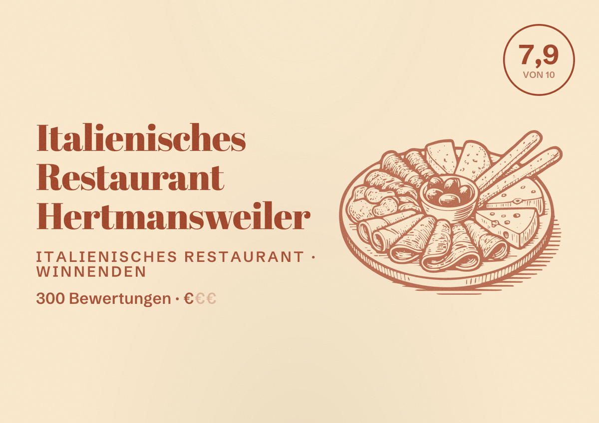 Illustriertes Poster von Italienisches Restaurant Hertmansweiler, Italienisches Restaurant in Winnenden: Bewertung 7,9 von 10 aus 300 Bewertungen, Preisniveau €