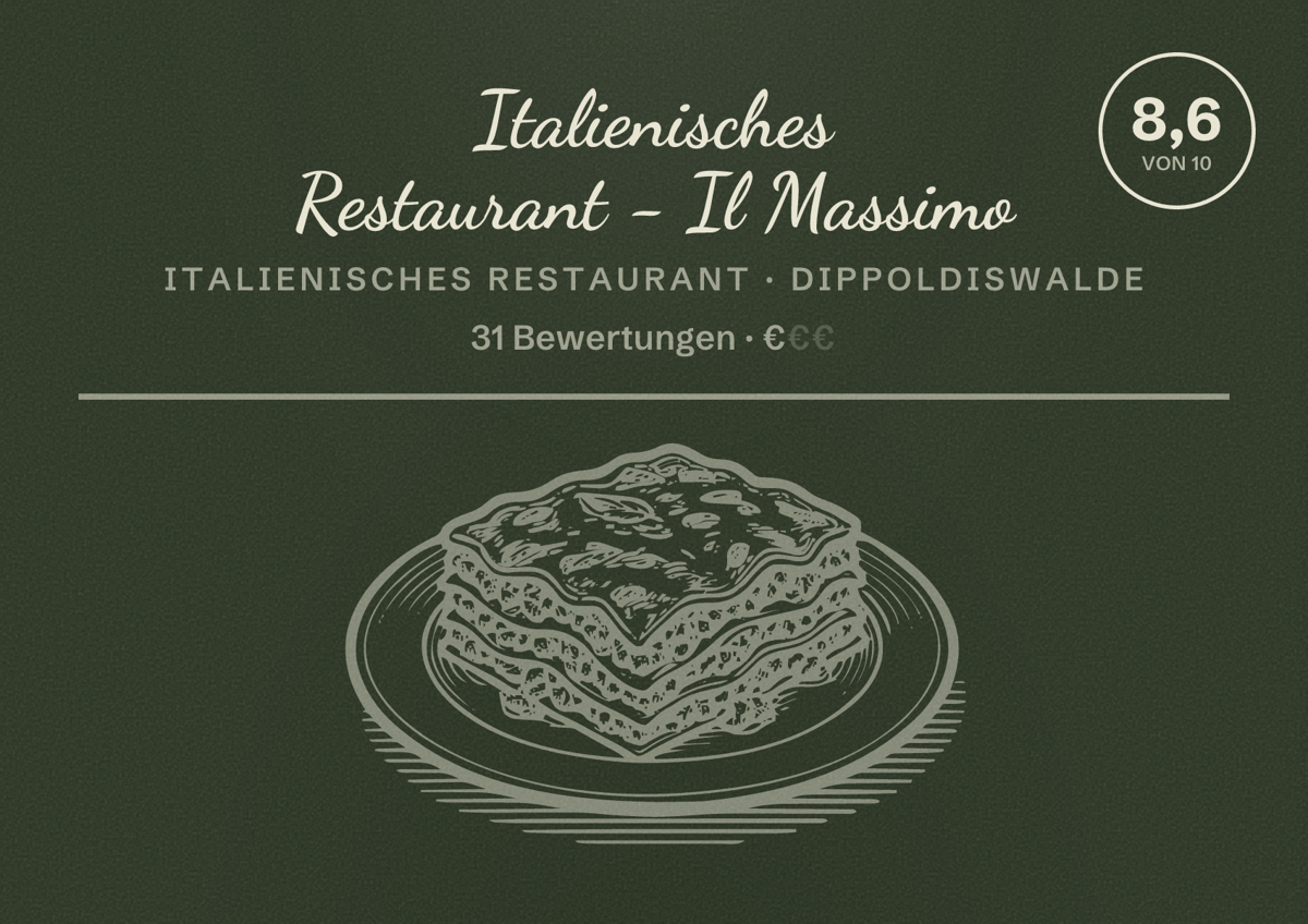 Illustriertes Poster von Italienisches Restaurant - Il Massimo, Italienisches Restaurant in Dippoldiswalde: Bewertung 8,6 von 10 aus 31 Bewertungen, Preisniveau €