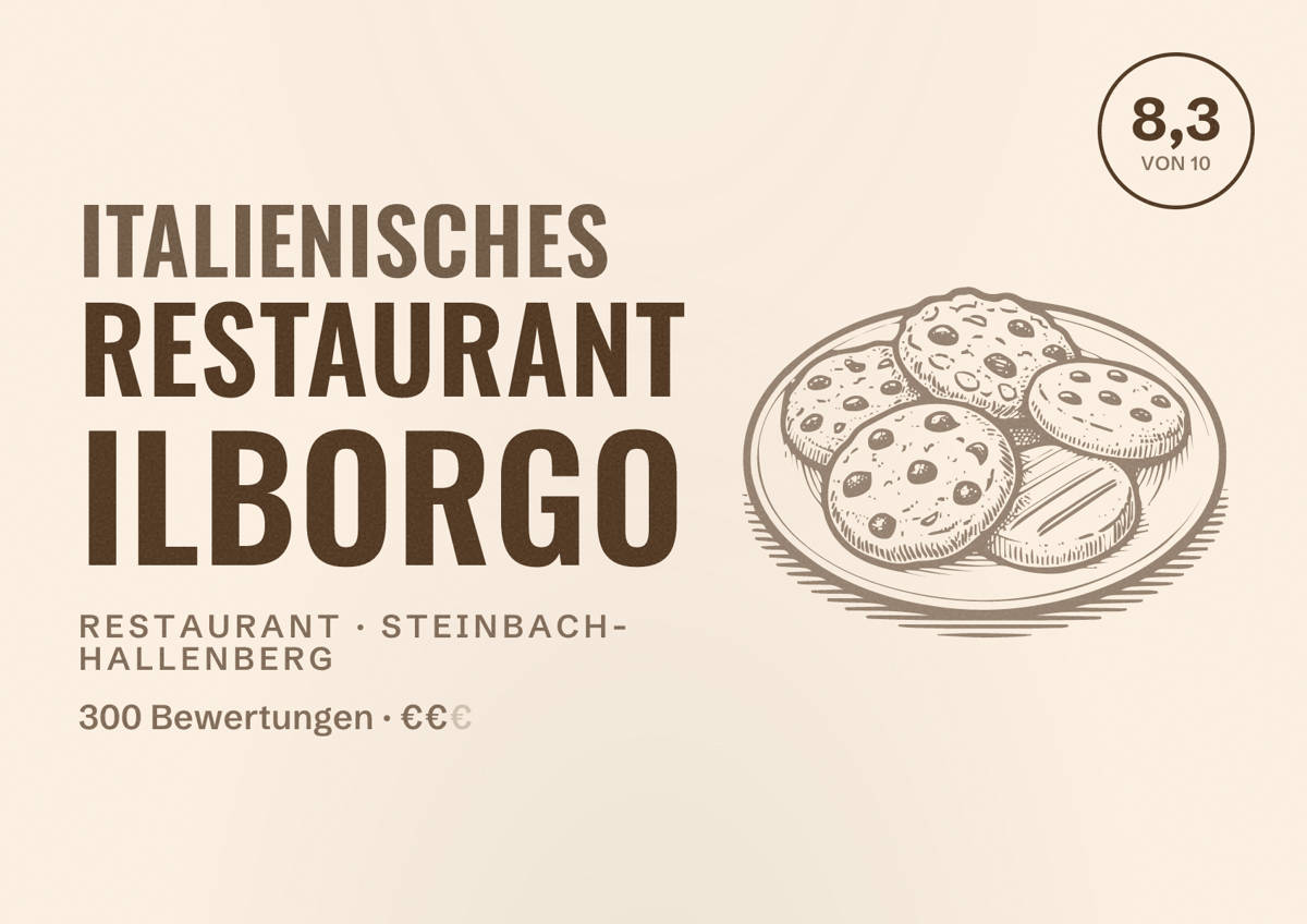 Illustriertes Poster von Italienisches Restaurant ILBorgo, Restaurant in Steinbach-Hallenberg: Bewertung 8,3 von 10 aus 300 Bewertungen, Preisniveau €€