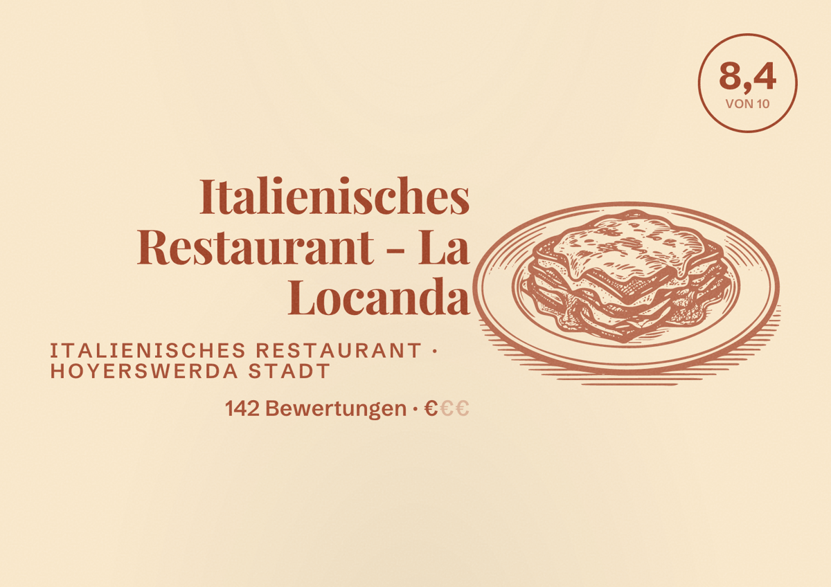 Illustriertes Poster von Italienisches Restaurant - La Locanda, Italienisches Restaurant in Hoyerswerda Stadt: Bewertung 8,4 von 10 aus 142 Bewertungen, Preisniveau €