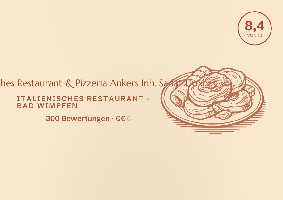 Illustriertes Poster von Italienisches Restaurant & Pizzeria Ankers Inh. Sadat Hoxha, Italienisches Restaurant in Bad Wimpfen: Bewertung 8,4 von 10 aus 300 Bewertungen, Preisniveau €€
