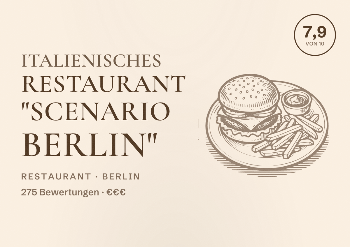 Illustriertes Poster von Italienisches Restaurant "Scenario Berlin", Restaurant in Berlin: Bewertung 7,9 von 10 aus 275 Bewertungen, Preisniveau €€€