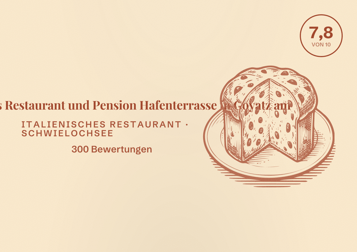 Illustriertes Poster von Italienisches Restaurant und Pension Hafenterrasse in Goyatz am, Italienisches Restaurant in Schwielochsee: Bewertung 7,8 von 10 aus 300 Bewertungen