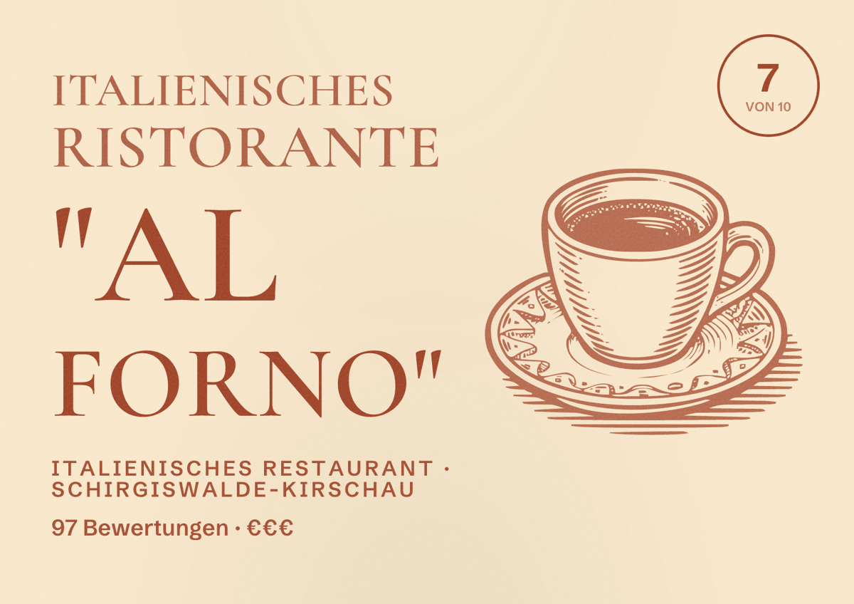 Illustriertes Poster von Italienisches Ristorante "AL FORNO", Italienisches Restaurant in Schirgiswalde-Kirschau: Bewertung 7 von 10 aus 97 Bewertungen, Preisniveau €€€