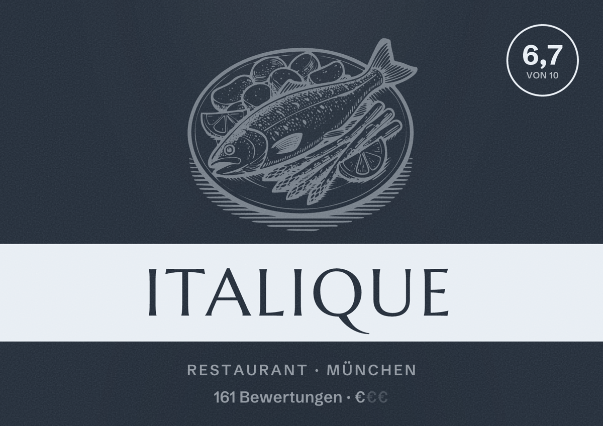 Illustriertes Poster von Italique, Restaurant in München: Bewertung 6,7 von 10 aus 161 Bewertungen, Preisniveau €