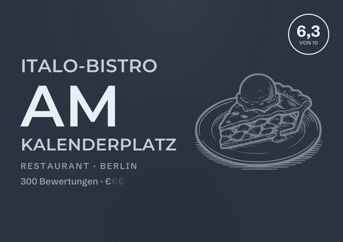 Illustriertes Poster von Italo-Bistro am Kalenderplatz, Restaurant in Berlin: Bewertung 6,3 von 10 aus 300 Bewertungen, Preisniveau €