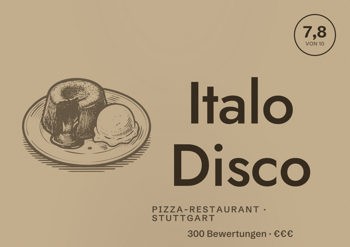 Illustriertes Poster von Italo Disco, Pizza-Restaurant in Stuttgart: Bewertung 7,8 von 10 aus 300 Bewertungen, Preisniveau €€€