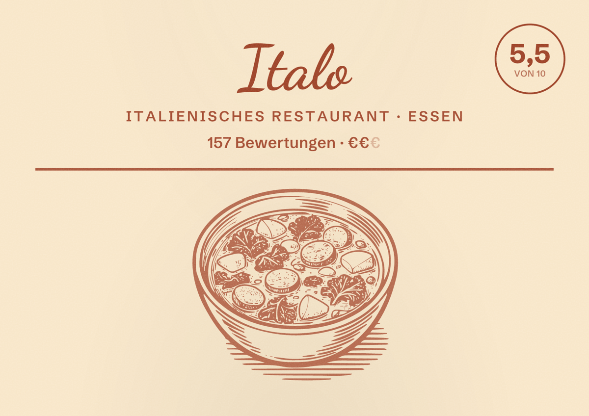 Illustriertes Poster von Italo, Italienisches Restaurant in Essen: Bewertung 5,5 von 10 aus 157 Bewertungen, Preisniveau €€